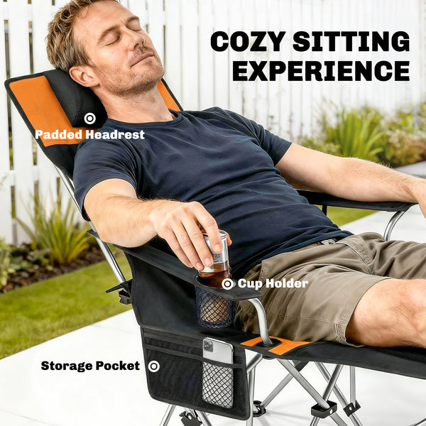 Set of 2 Reclining Camping Chairs with Footrests, Foldable with Headrest, Cup Holder, and Storage Bag, Orange