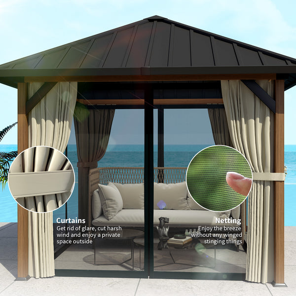10' x 10' Hardtop Gazebo with Galvanized Steel Roof, Permanent Garden Gazebo with Netting and Curtains
