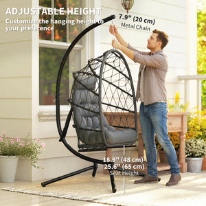 Egg hanging chair with stand, foldable braided rattan swing with thick cushion and safety rope, grey