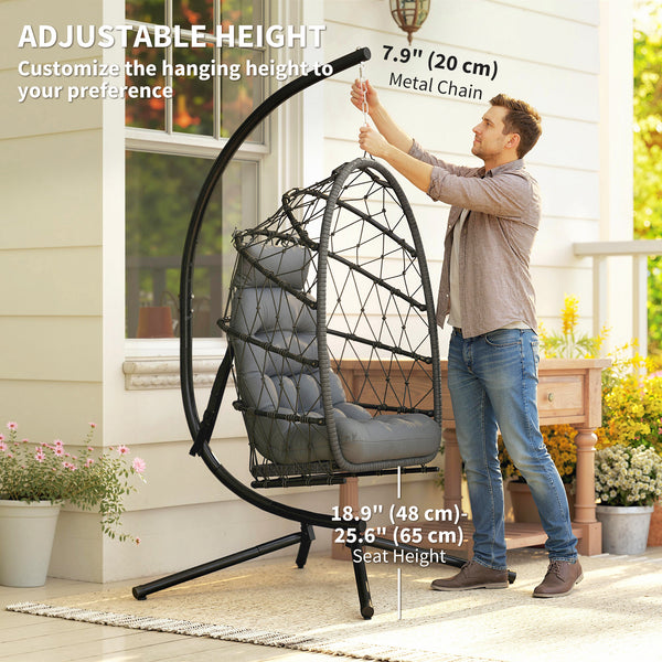 Egg hanging chair with stand, foldable braided rattan swing with thick cushion and safety rope, grey