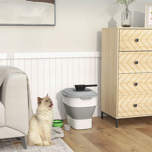 Foldable pet food storage container with airtight lid, grey