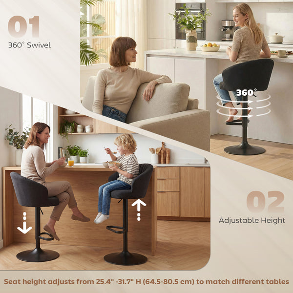 Set of 2 adjustable, padded bar stools with swivel seats, steel frame, footrest, black