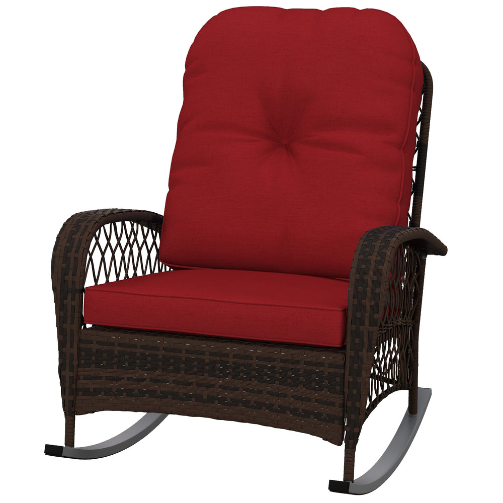 Braided Rattan Outdoor Rocking Chair with Thick Cushions, Red