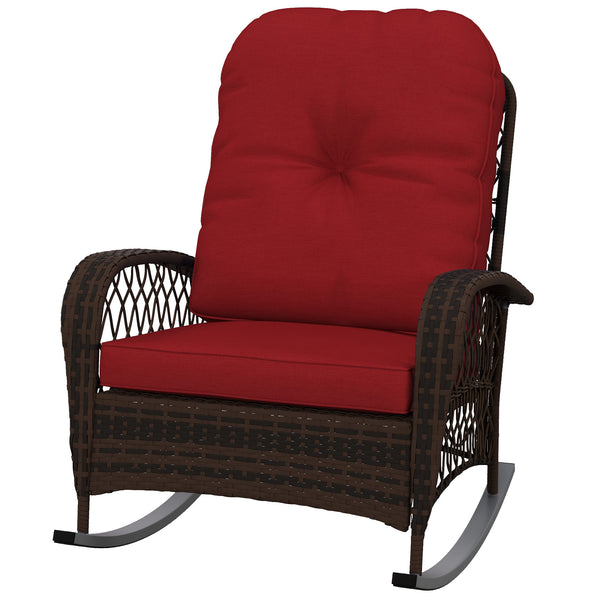Outdoor Wicker Rattan Rocking Chair Patio Rocker with Thick Cushions for Garden Backyard Porch, Red