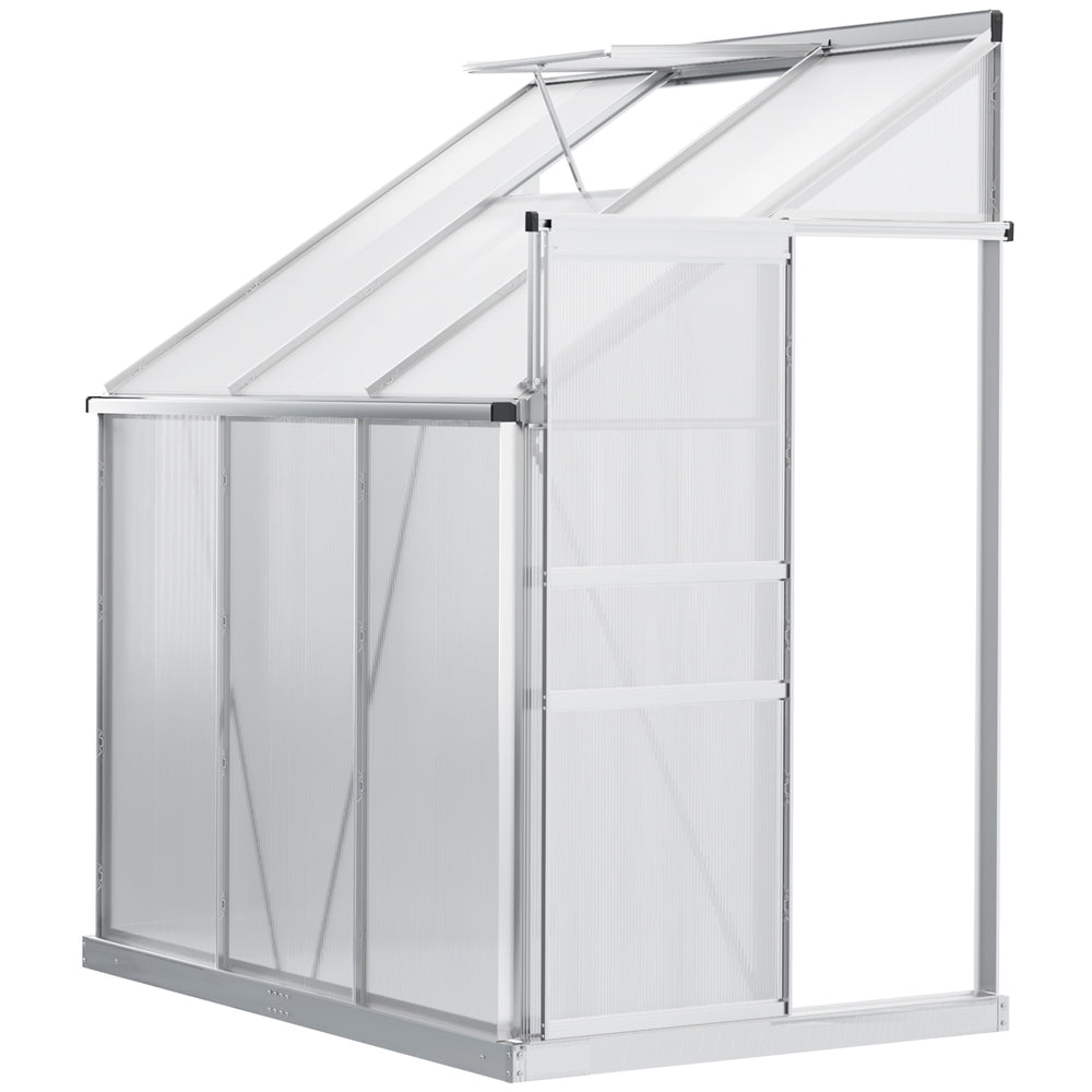 Lean-to greenhouse made of aluminum and polycarbonate with adjustable roof ventilation