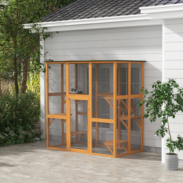 Wooden cat cage with 6 balanced platforms and asphalt roof, orange