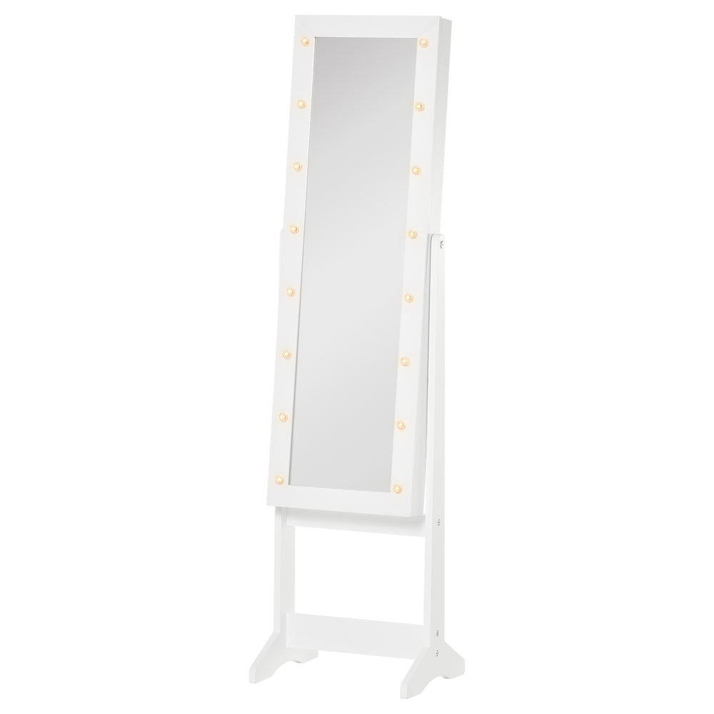 Freestanding jewelry cabinet with illuminated mirror, adjustable angle and 16 LEDs, warm white