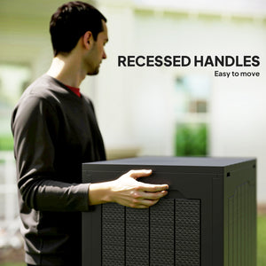 Outdoor resin storage box with handles, waterproof and UV resistant.