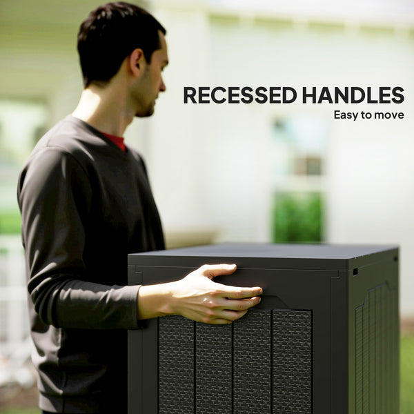 Outdoor resin storage box with handles, waterproof and UV resistant.