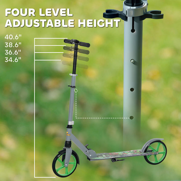 Height-adjustable scooter, rear brake, large 20 cm wheel, foldable, green