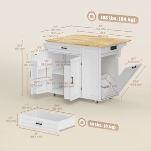 Portable kitchen island with charging station, fold-down rubberwood tabletop, waste storage, white