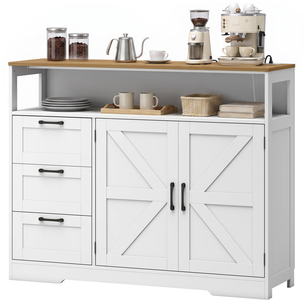 Rustic-style sideboard with charging station, 3 drawers and adjustable storage, white