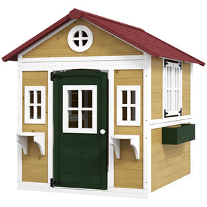 Outdoor wooden playhouse with door, windows, flower pots and boxes