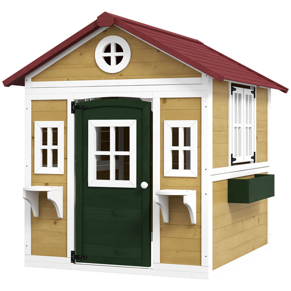 Outdoor wooden playhouse with door, windows, flower pots and boxes