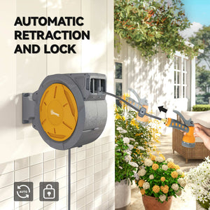 Retractable wall-mounted garden hose reel, orange.
