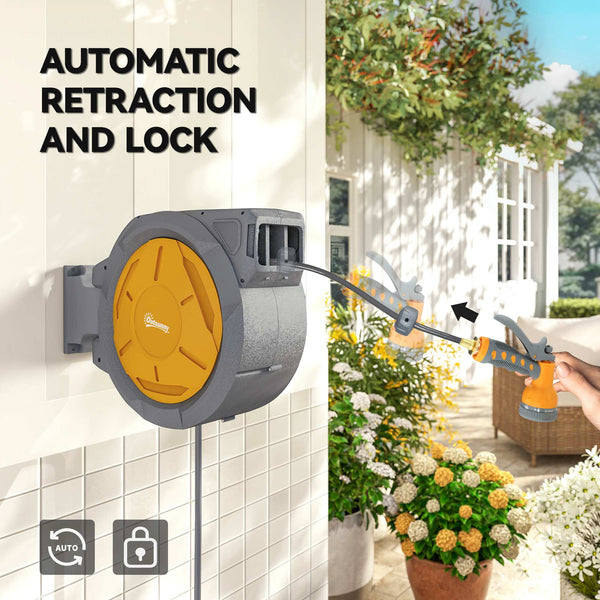 Retractable wall-mounted garden hose reel, orange.