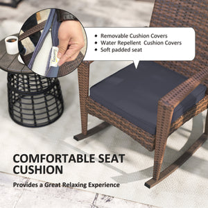 Synthetic rattan rocking chair with cushion, dark blue