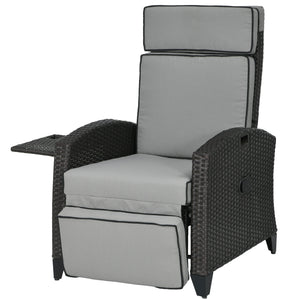 Outdoor Recliner Chair with Adjustable Backrest, Cushion, Side Tray, Light Grey