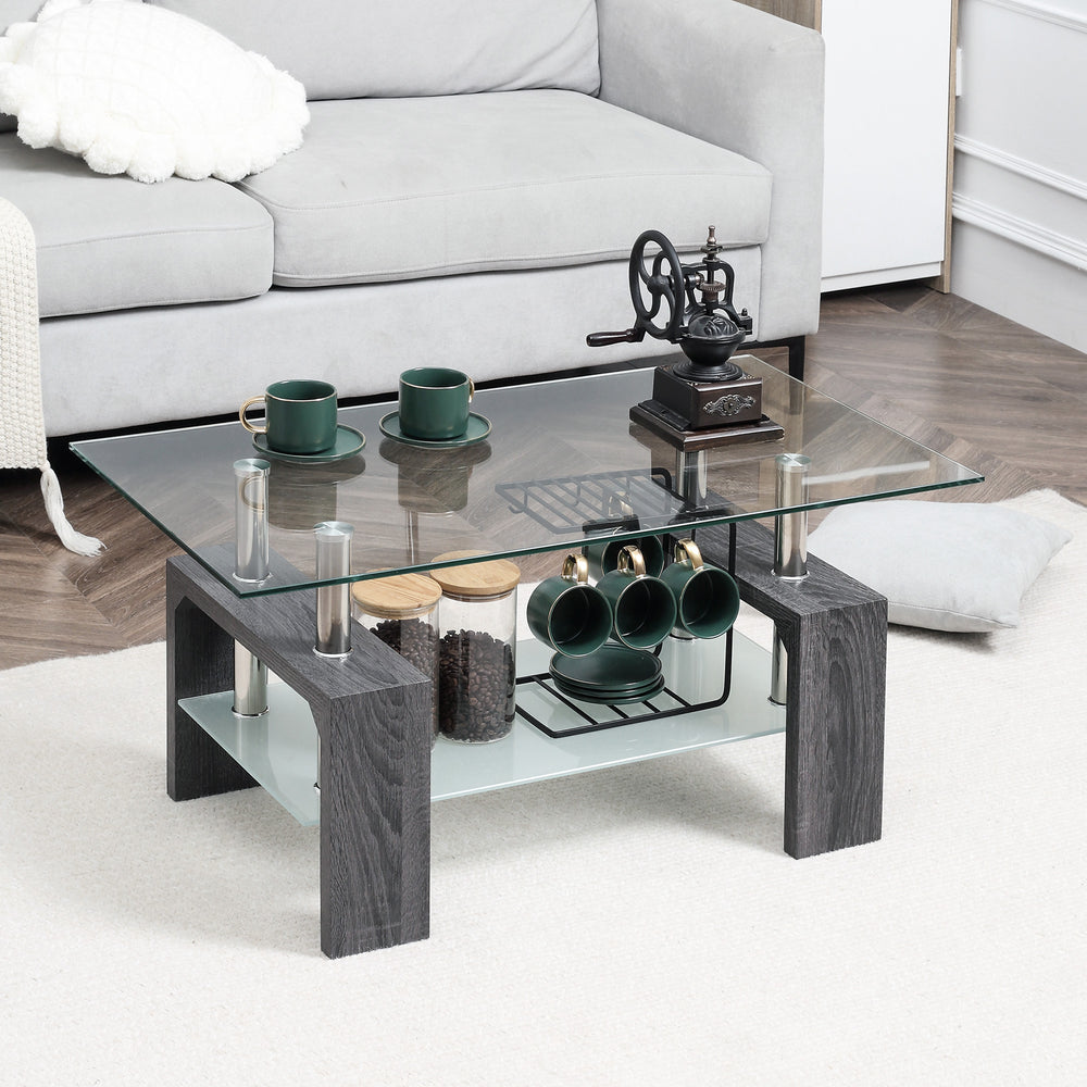 Rectangular coffee table with tempered glass top, gray
