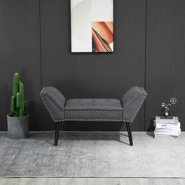 Modern Upholstered Bench with Armrests and Nailhead Trim, Grey