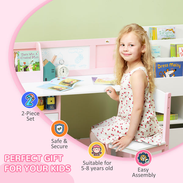 Kids Desk and Chair Set with Whiteboard, Storage and Shelves, Pink