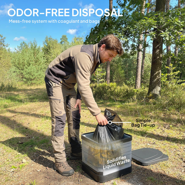 Portable toilet with 12 coagulant sachets