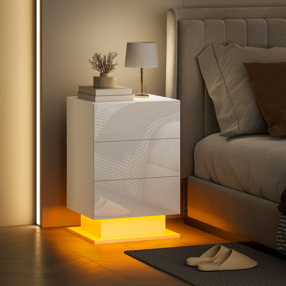Modern bedside table with RGB LED lighting and 3 drawers – White