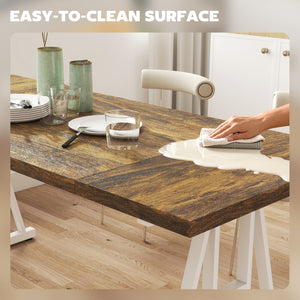 Farmhouse style kitchen table for 8 people, rectangular with thick top and steel trestle legs, brown and white