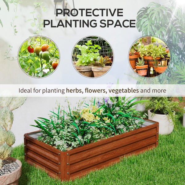 Set of 2 raised planters in galvanized steel, brown wood effect 