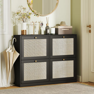 Rattan shoe cabinet with 4 drop-down drawers and adjustable shelves for 20 pairs, black