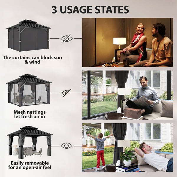 Gazebo with rigid roof 10 x 12 with double roof in galvanized steel, aluminum frame, dark grey