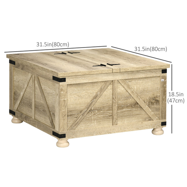 Farmhouse style square coffee table with hinged lids, oak
