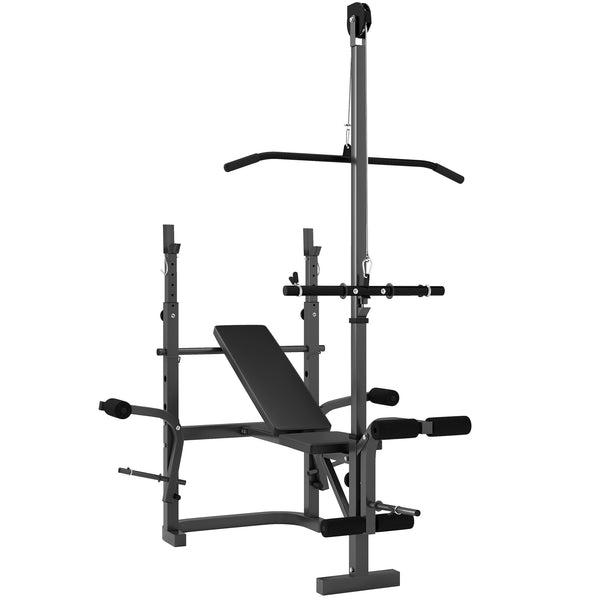 Adjustable weight bench with bench press and lat pulldown rack