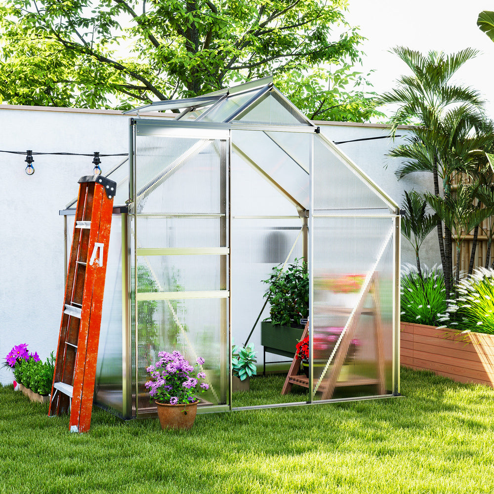 Polycarbonate greenhouse with adjustable roof ventilation, base, sliding door, transparent