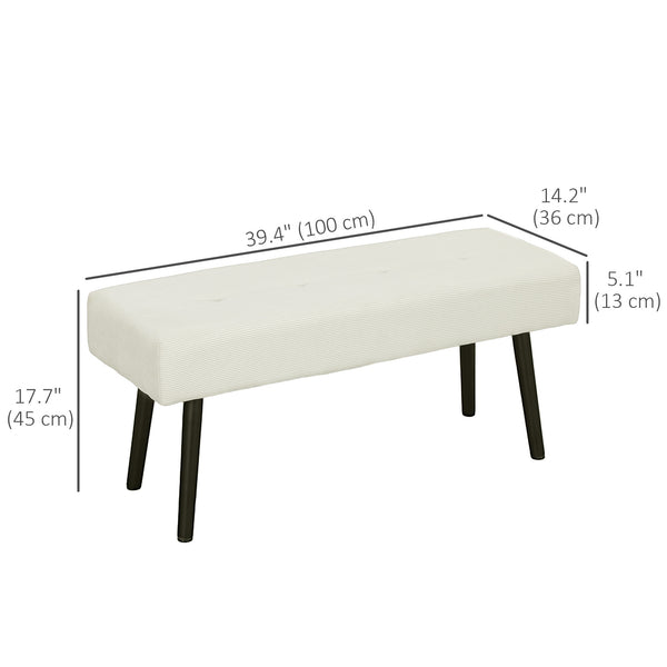 Corduroy Upholstered Ottoman Bench with Steel Legs, Cream White