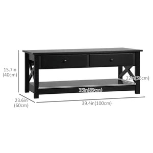 Farmhouse Style Coffee Table with Drawers and Open Shelf, Black