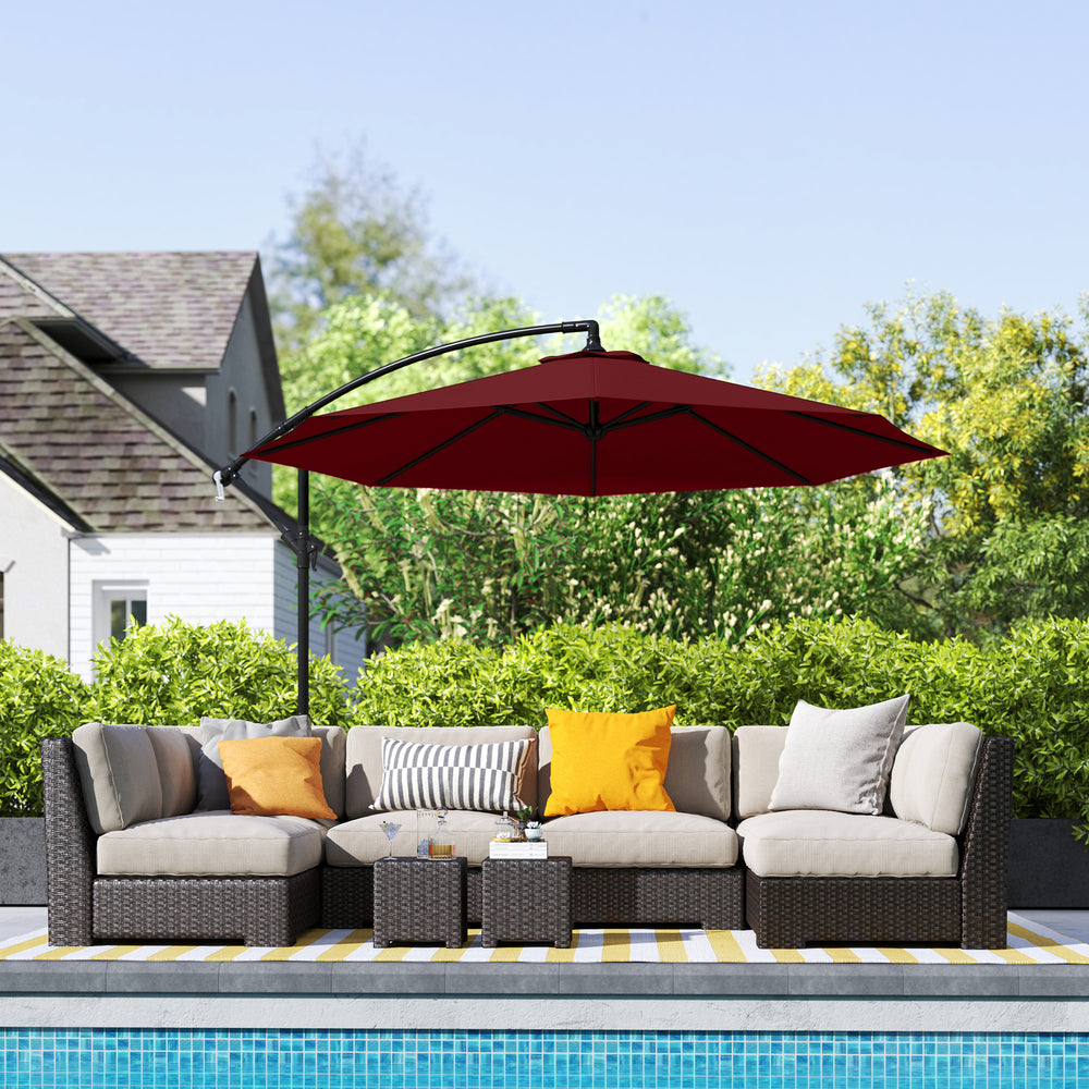 3m Hanging Garden Parasol, Offset, Banana, with Base and Crank, Wine Red