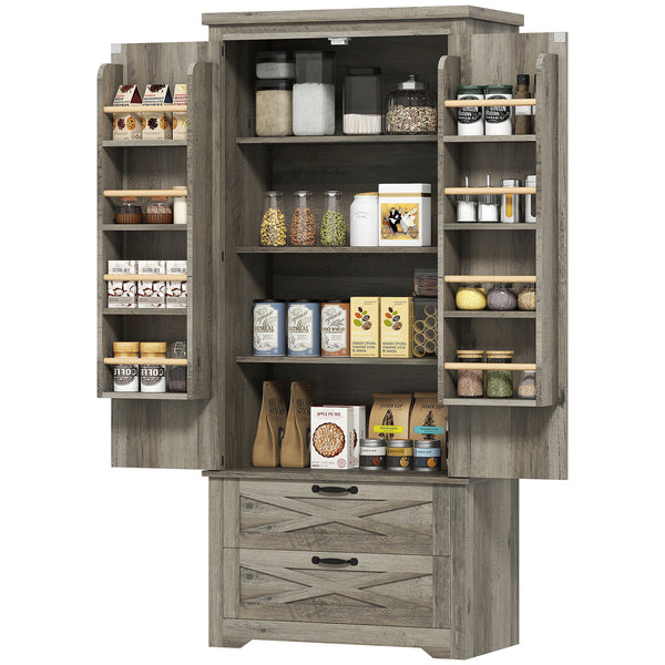 Country Style Pantry with Drawers, Distressed Gray