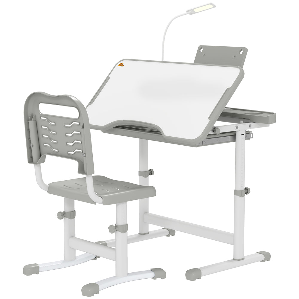 Height-adjustable desk and chair set with tilting top, gray