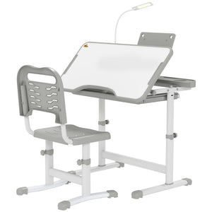 Height-adjustable desk and chair set with tilting top, gray