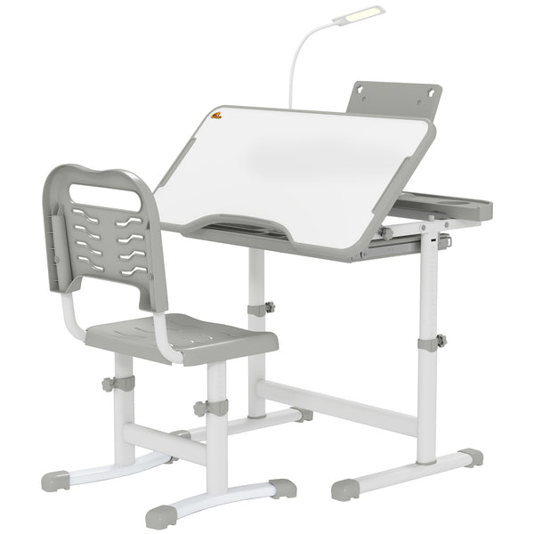 Height-adjustable desk and chair set with tilting top, gray