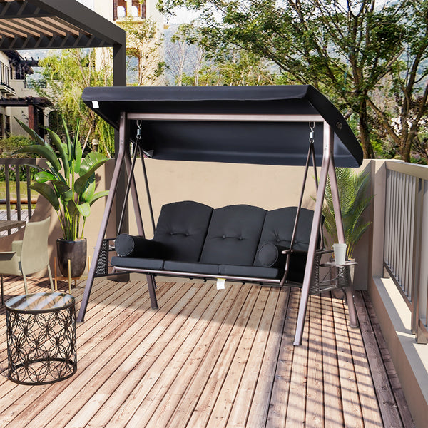 Swing chair for 3 people with steel canopy, black