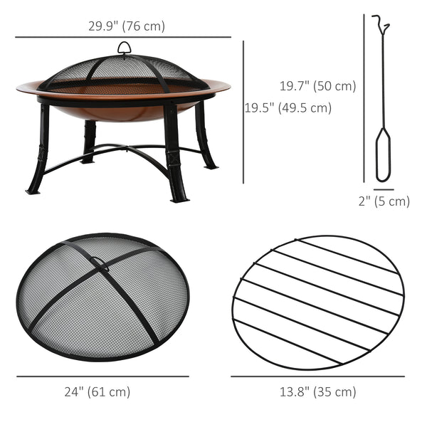 30" Round Outdoor Fire Pit with Lid, Log Grate and Poker for Backyard, Camping, Picnic, Bronze