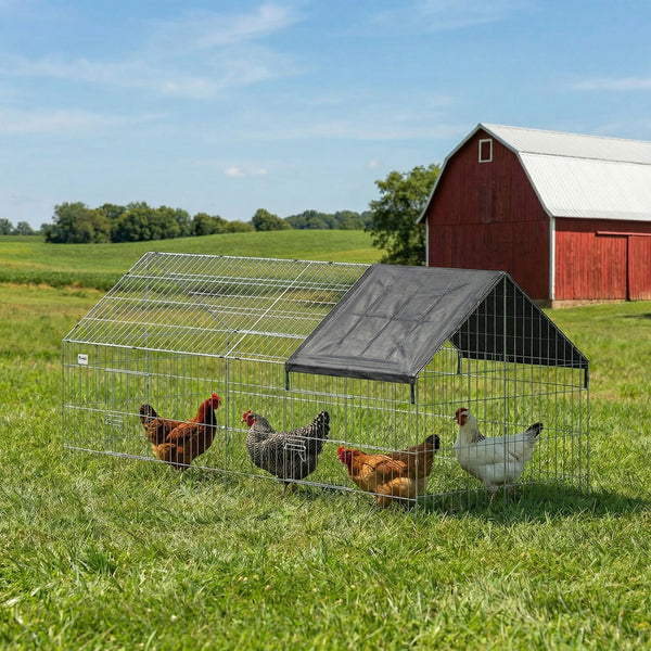 Metal chicken coop with UV-resistant cover