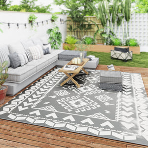 9' x 12' Outdoor RV Mat, Reversible Floor Mat with Carry Bag, Diamond Patchwork Pattern, Gray and White