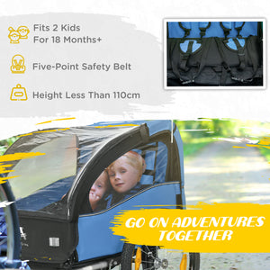 2-seater child bike trailer with 5-point harness, blue