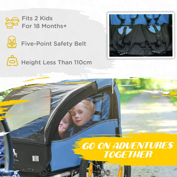 2-seater child bike trailer with 5-point harness, blue