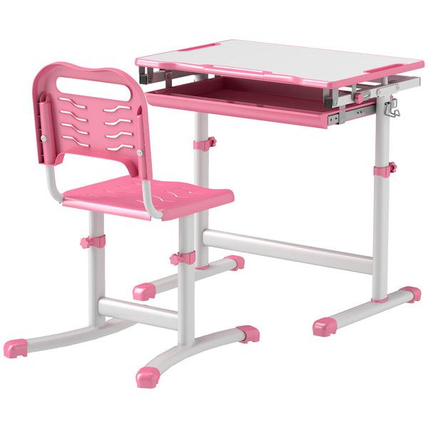Height Adjustable Study Table and Chair Set with Drawer, Pink