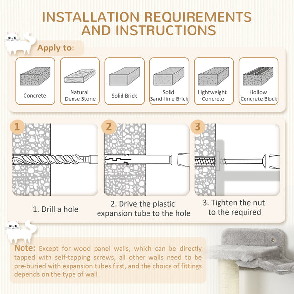 Wall-mounted cat shelf with scratching post, flexible ladder and play ball, grey 