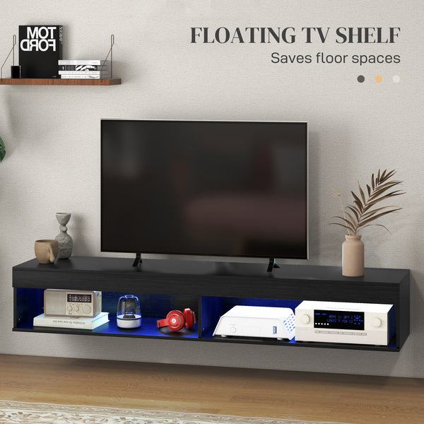 Modern wall-mounted TV cabinet with LED lighting for TVs up to 75 inches, black